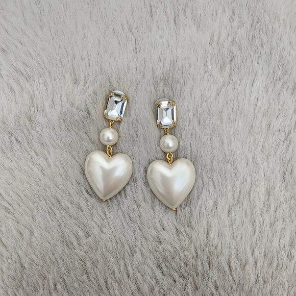 NEW J. Crew Elegant Crystal And Pearl Gold White Heart Drop Earrings - Picture 7 of 8